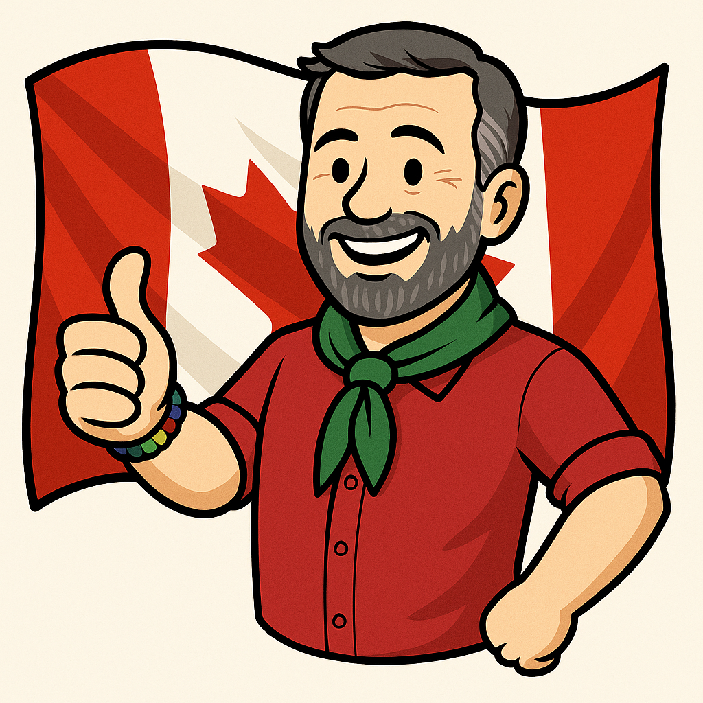 Circular embroidered badge of a scouter giving a thumbs-up in front of a Canadian flag, with the text 'kaoti.ca'.
